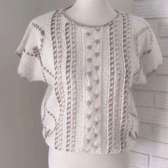 Entirely handcrafted sweater w amazing detail sleeves crocheted flowers pearls - Picture 1 of 5
